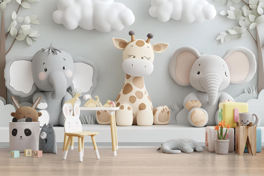 Neutral Safari Nursery Wall Mural – Giraffe and Elephant Wallpaper – Gender Neutral Animal Mural for Baby Room & Playroom Décor