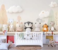 Load image into Gallery viewer, Cute Animal Nursery Wall Mural – Gender Neutral Penguin, Panda, Bear &amp; Friends – Soft Pastel Baby Room Wallpaper