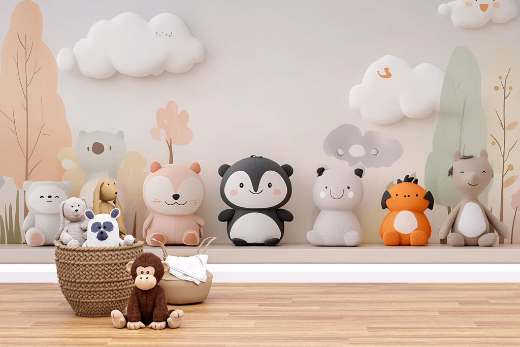 Cute Animal Nursery Wall Mural – Gender Neutral Penguin, Panda, Bear & Friends – Soft Pastel Baby Room Wallpaper