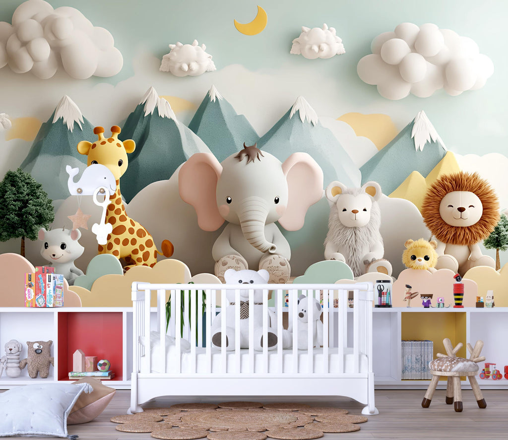 3D Jungle Animal Nursery Mural – Elephant, Giraffe, Lion Wall Art – Gender Neutral Baby Wallpaper – Mountain Scene Peel and Stick Mural