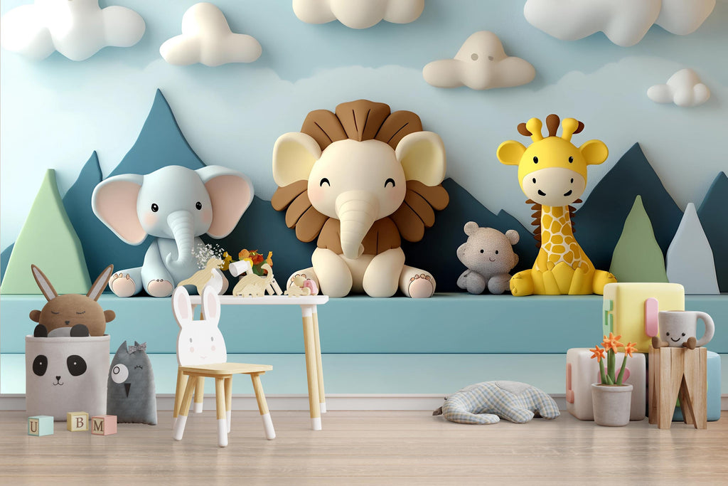 3D Animal Nursery Mural – Lion, Elephant & Giraffe Wall Art – Gender Neutral Safari Wallpaper – Kids Room Peel and Stick Mural