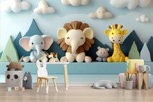 Load image into Gallery viewer, 3D Animal Nursery Mural – Lion, Elephant &amp; Giraffe Wall Art – Gender Neutral Safari Wallpaper – Kids Room Peel and Stick Mural