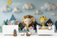 Load image into Gallery viewer, 3D Animal Nursery Mural – Lion, Elephant &amp; Giraffe Wall Art – Gender Neutral Safari Wallpaper – Kids Room Peel and Stick Mural