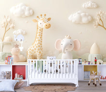 Load image into Gallery viewer, Neutral Safari Animal Nursery Mural – Giraffe &amp; Elephant Wall Art – 3D Baby Room Wallpaper – Peel and Stick Jungle Mural