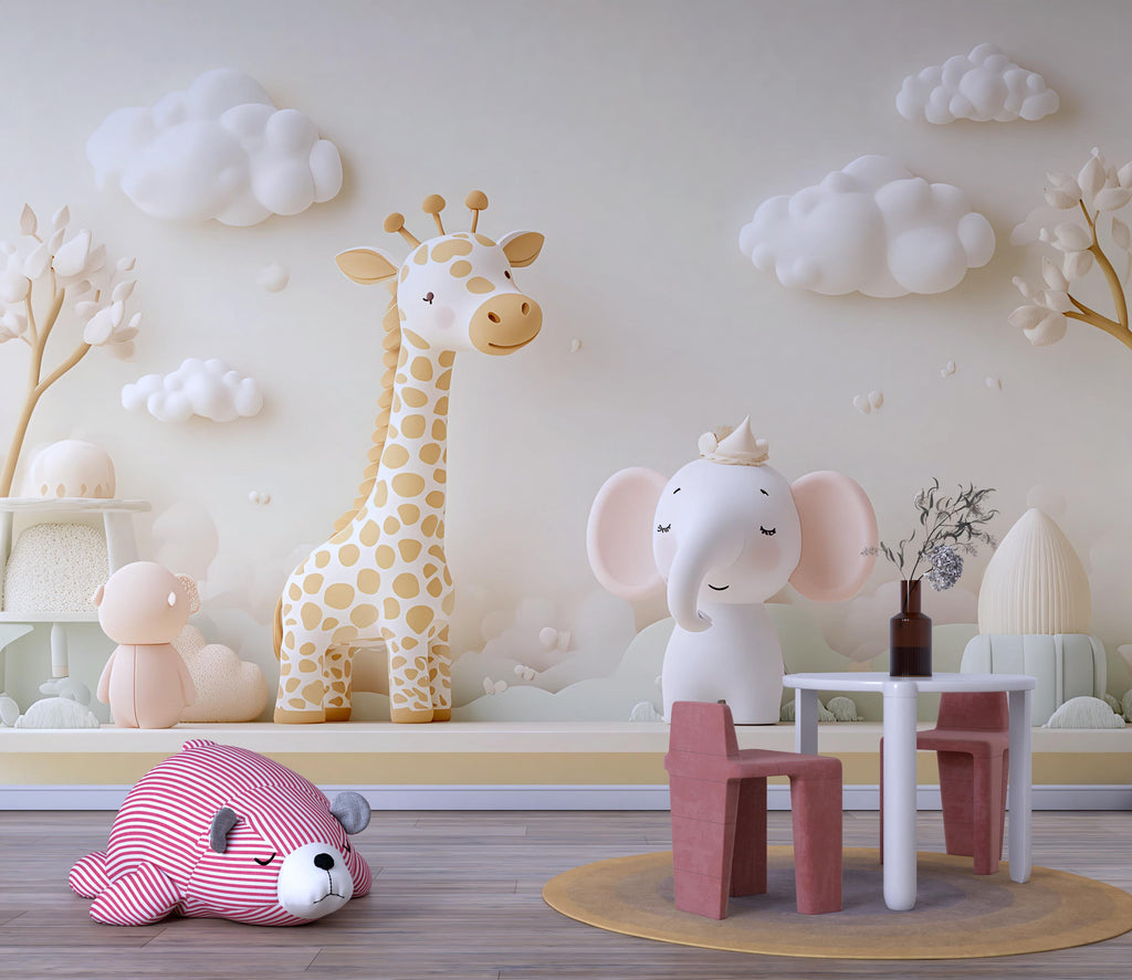 Neutral Safari Animal Nursery Mural – Giraffe & Elephant Wall Art – 3D Baby Room Wallpaper – Peel and Stick Jungle Mural