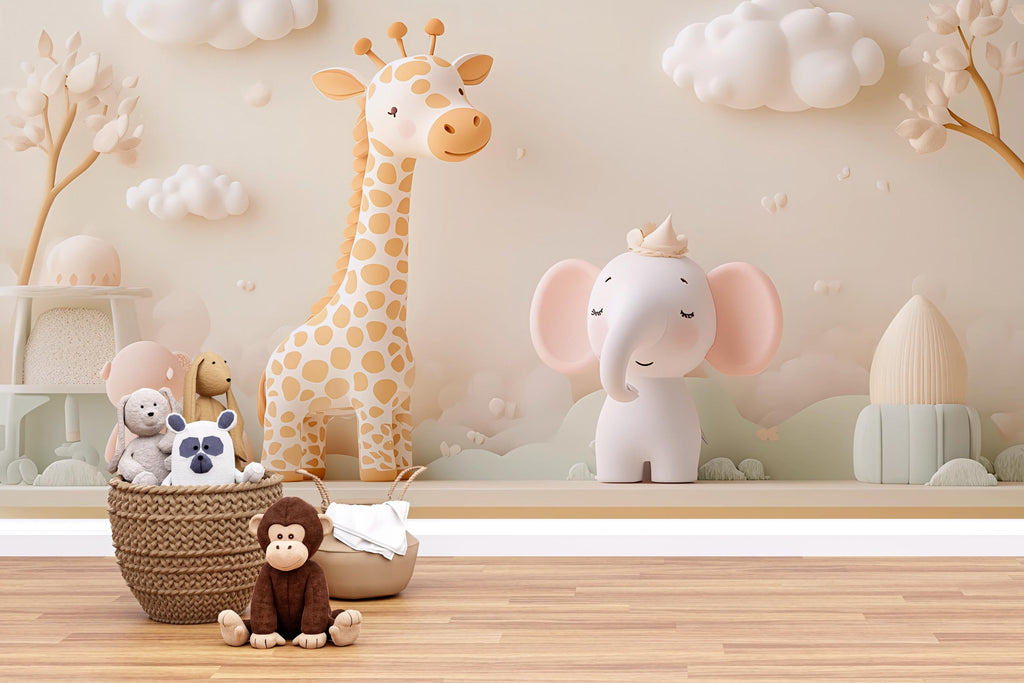 Neutral Safari Animal Nursery Mural – Giraffe & Elephant Wall Art – 3D Baby Room Wallpaper – Peel and Stick Jungle Mural