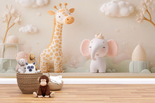 Load image into Gallery viewer, Neutral Safari Animal Nursery Mural – Giraffe &amp; Elephant Wall Art – 3D Baby Room Wallpaper – Peel and Stick Jungle Mural