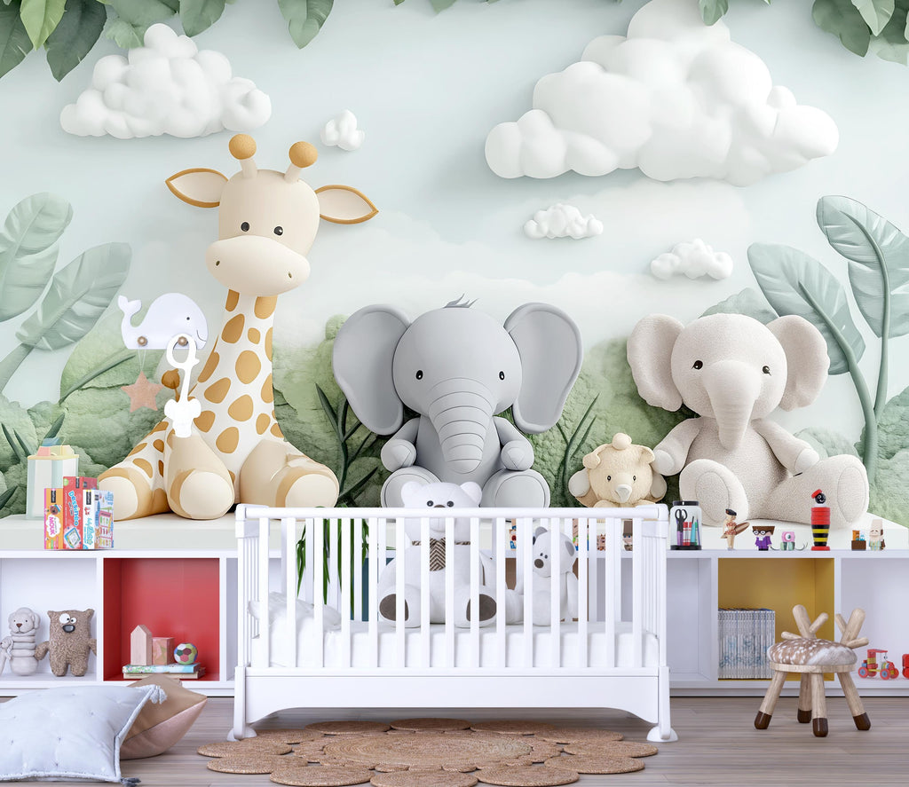 Safari Jungle Nursery Mural – Giraffe and Elephant Wall Art – Neutral Baby Room Wallpaper – 3D Peel & Stick Jungle Animals