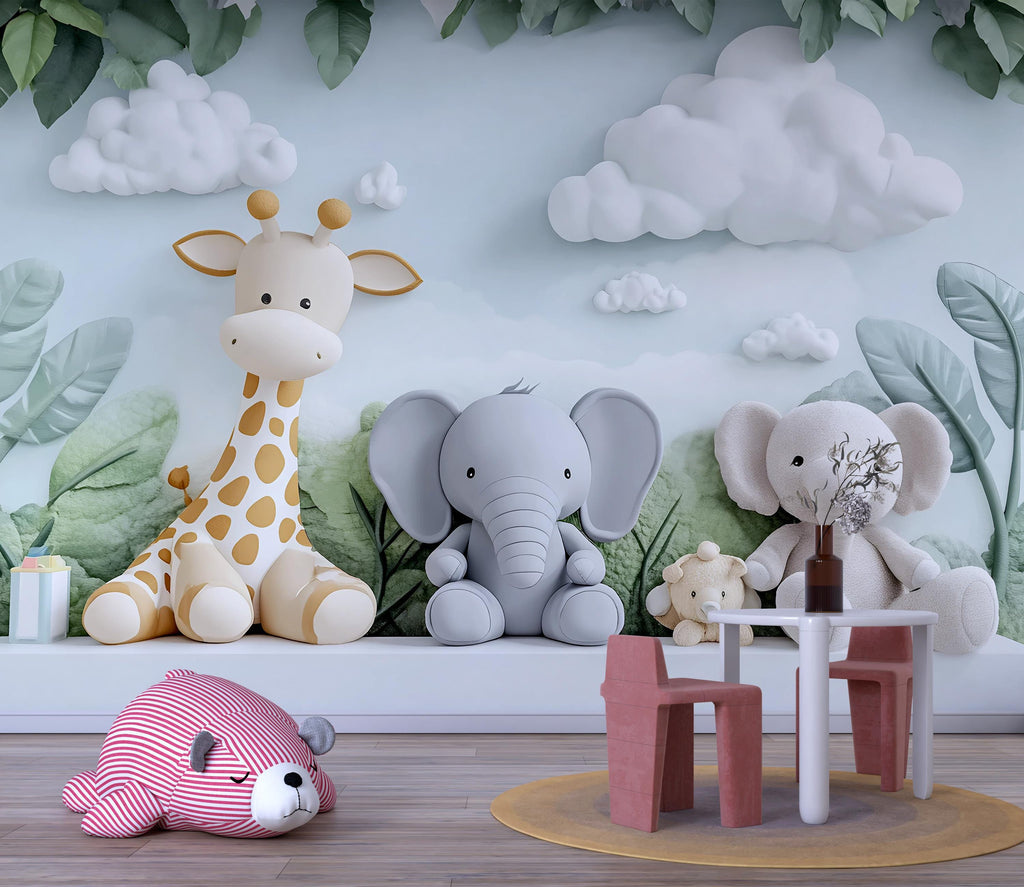 Safari Jungle Nursery Mural – Giraffe and Elephant Wall Art – Neutral Baby Room Wallpaper – 3D Peel & Stick Jungle Animals