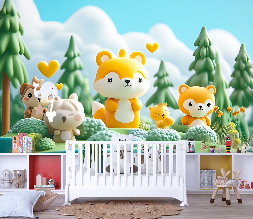 Yellow Fox Family Nursery Mural – Cute Woodland Animal Wallpaper – Gender Neutral Baby Room Wall Art – Peel & Stick or Non-Woven