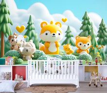 Load image into Gallery viewer, Yellow Fox Family Nursery Mural – Cute Woodland Animal Wallpaper – Gender Neutral Baby Room Wall Art – Peel &amp; Stick or Non-Woven