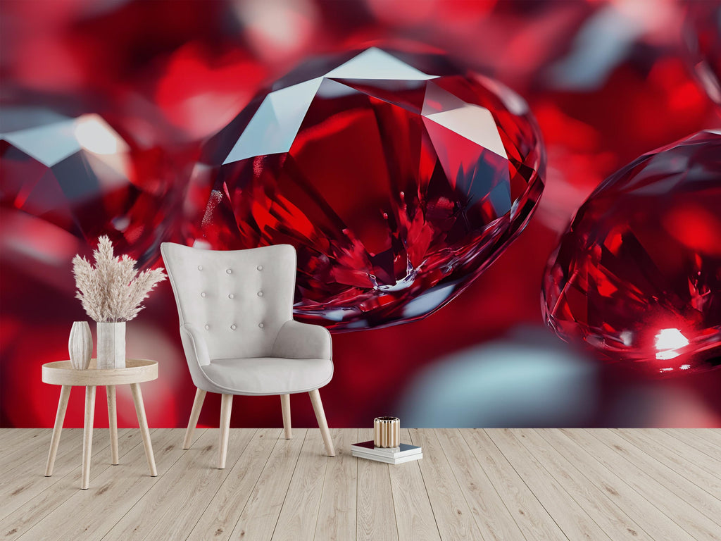 3D Red Gemstone Wall Mural - Luxury Modern Wall Art - Stylish Statement Decor for Birthdays, Holidays, or Fashion Home