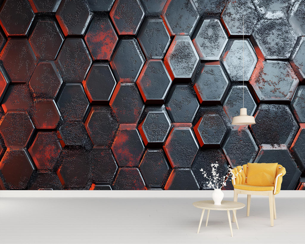 3D Hexagon Industrial Wall Mural - Modern Bold Wall Art - Stylish Gift for Birthdays or Holidays - Red & Black Decor