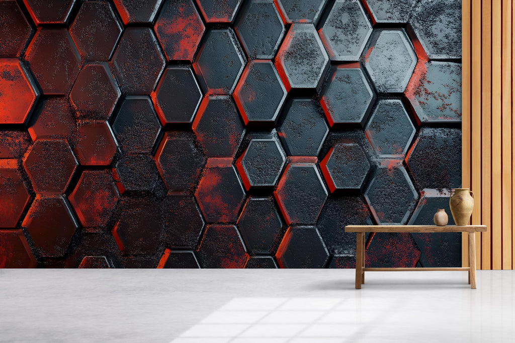 3D Hexagon Industrial Wall Mural - Modern Bold Wall Art - Stylish Gift for Birthdays or Holidays - Red & Black Decor