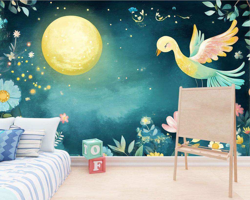 Moonlight Floral Nursery Wall Mural – Watercolor Bird and Flower Wallpaper for Baby Girl Room, Pastel Jungle Peel and Stick Mural
