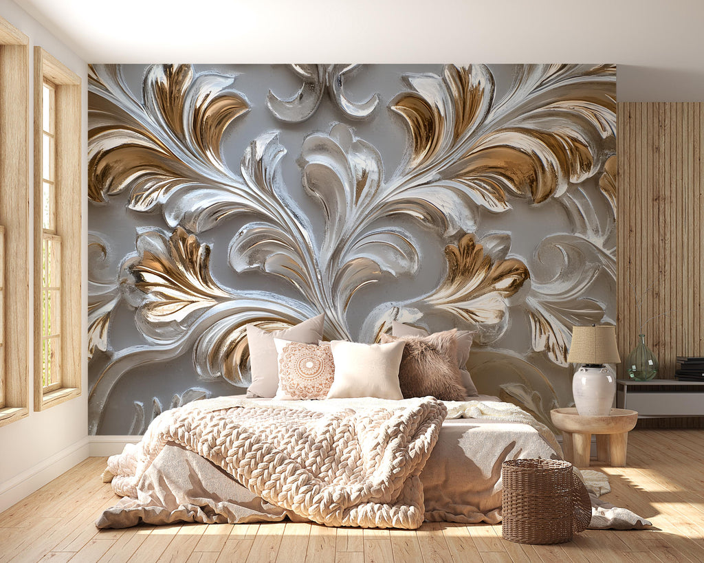 3D Baroque Ornate Wall Mural - Luxury Gold & Silver Wall Art - Stylish Home Decor Gift for Birthdays, Holidays, or Housewarming