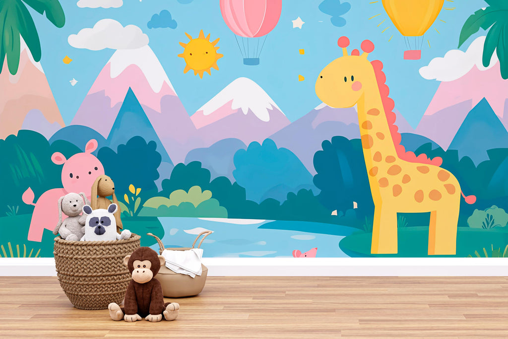 Pastel Jungle Nursery Wall Mural – Giraffe & Hippo Animal Wallpaper for Kids Room, Hot Air Balloon Safari Peel and Stick Mural