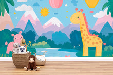 Load image into Gallery viewer, Pastel Jungle Nursery Wall Mural – Giraffe &amp; Hippo Animal Wallpaper for Kids Room, Hot Air Balloon Safari Peel and Stick Mural