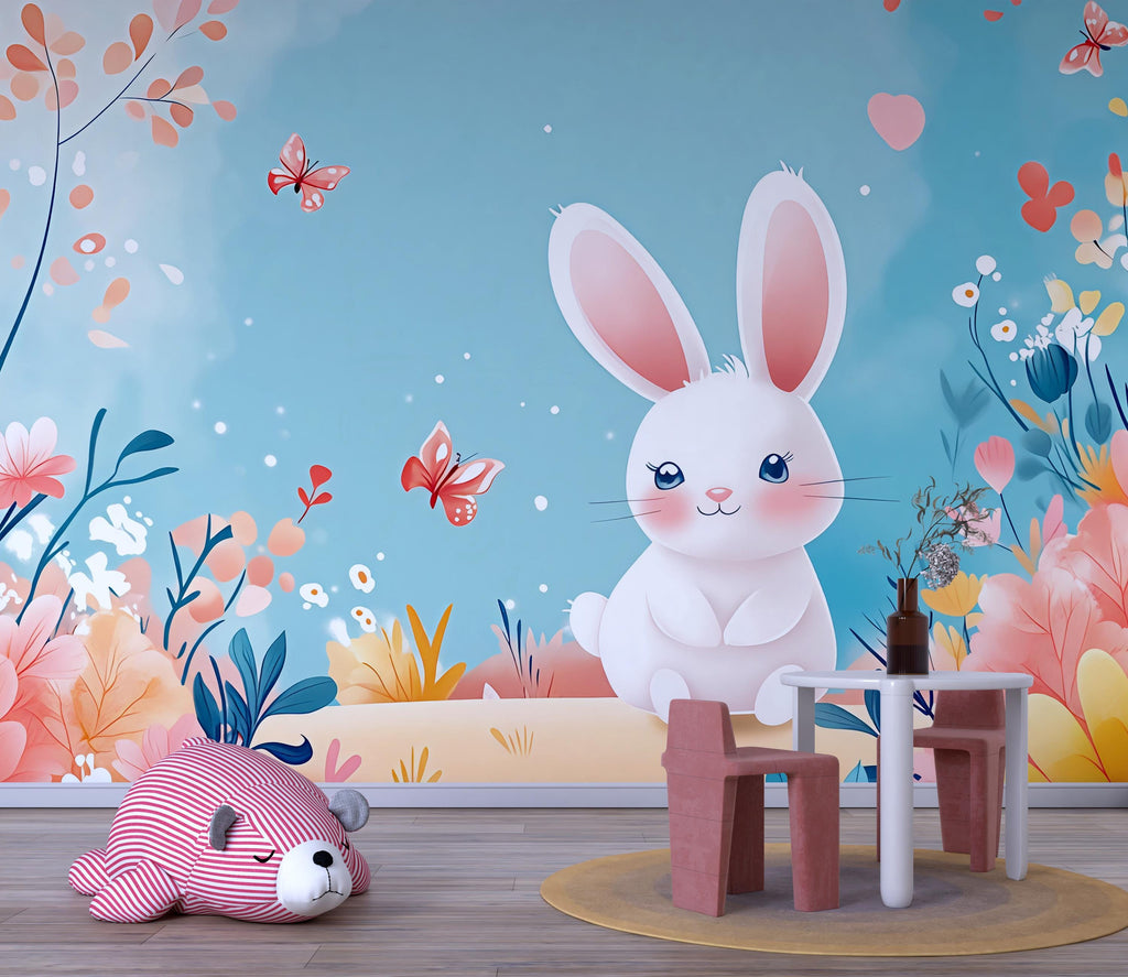 Cute Bunny Nursery Wall Mural – Pastel Rabbit Wallpaper for Baby Room, Girls Nursery Peel and Stick Floral Bunny Wall Art