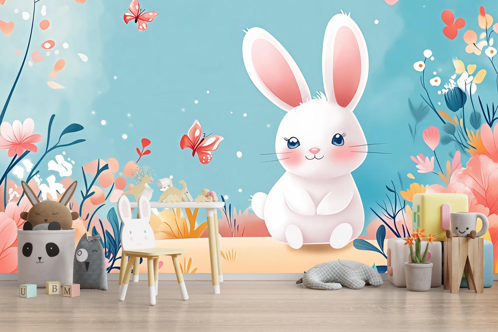 Cute Bunny Nursery Wall Mural – Pastel Rabbit Wallpaper for Baby Room, Girls Nursery Peel and Stick Floral Bunny Wall Art