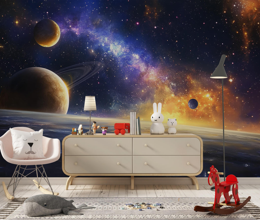 Outer Space Galaxy Wall Mural – Realistic Planet Wallpaper for Kids Room, Peel and Stick Space Mural for Boys Bedroom or Playroom