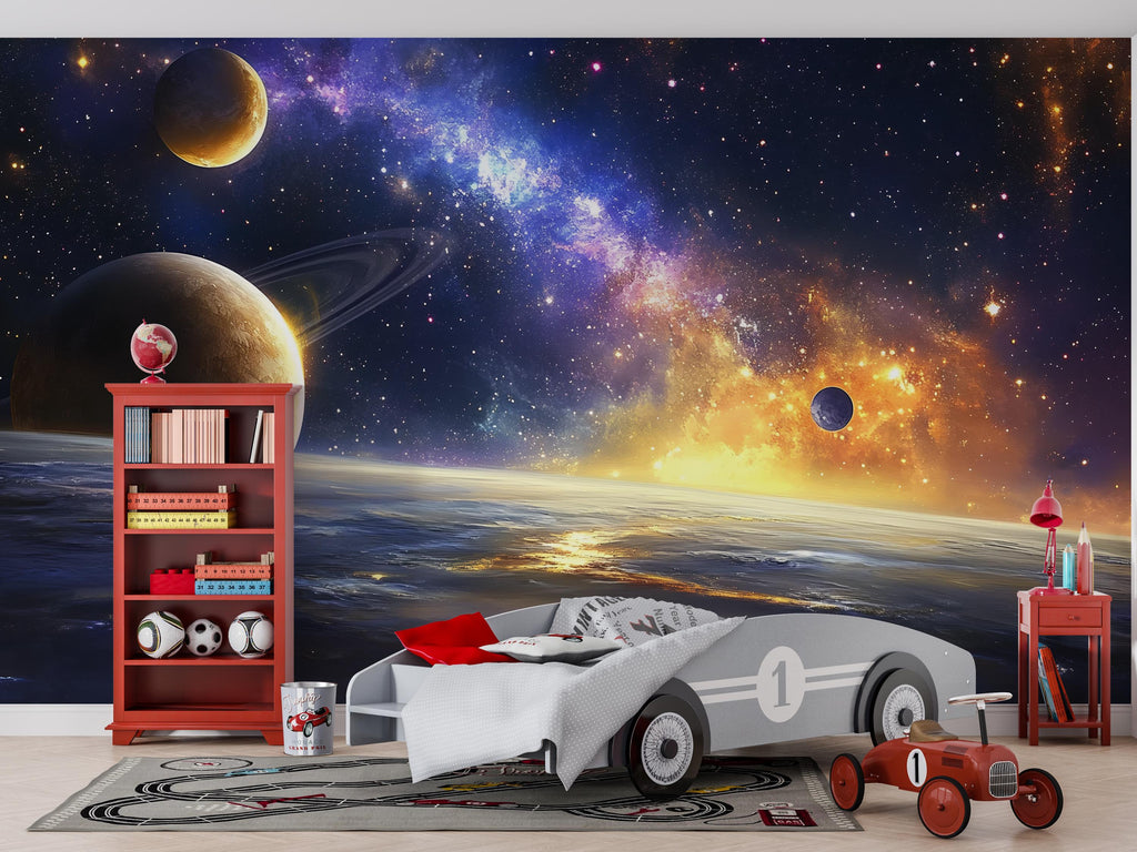 Outer Space Galaxy Wall Mural – Realistic Planet Wallpaper for Kids Room, Peel and Stick Space Mural for Boys Bedroom or Playroom