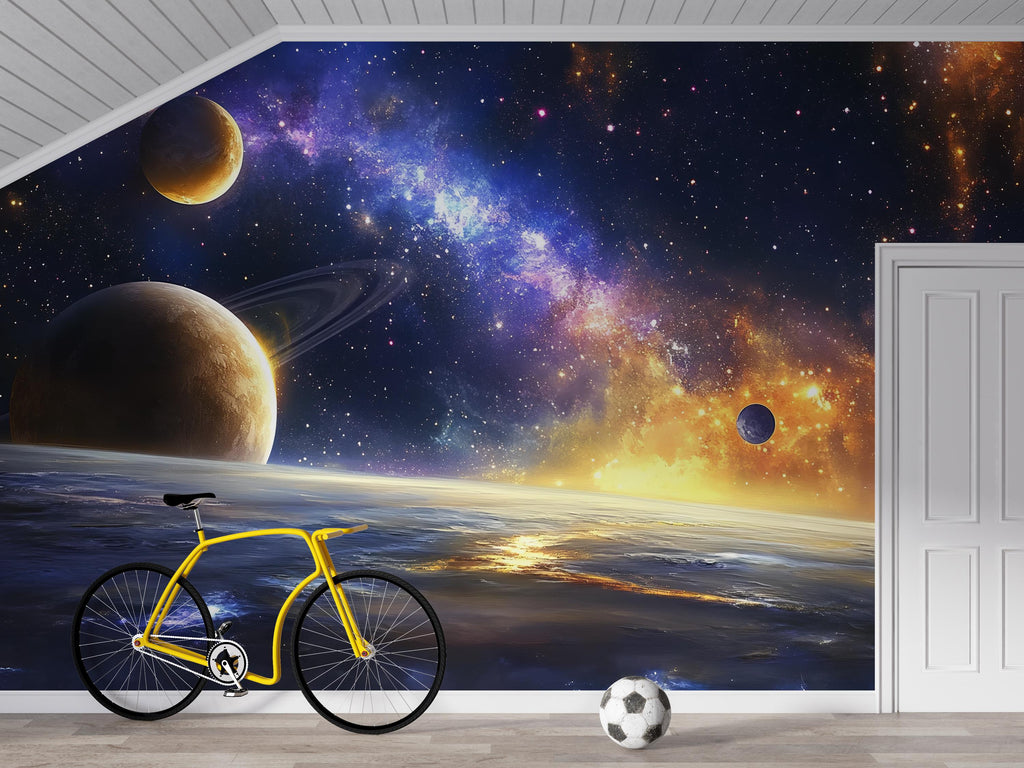 Outer Space Galaxy Wall Mural – Realistic Planet Wallpaper for Kids Room, Peel and Stick Space Mural for Boys Bedroom or Playroom