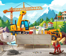 Load image into Gallery viewer, Construction Site Wall Mural for Kids Room – Digger &amp; Crane Boys Wallpaper, Peel and Stick Construction Theme Nursery Decor