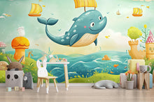 Load image into Gallery viewer, Flying Whale Wall Mural for Kids Room – Fantasy Ocean Nursery Wallpaper, Cute Whale Peel and Stick Mural, Baby Boy Girl Wall Art