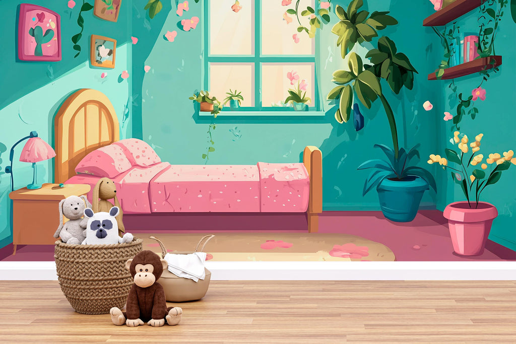 Cozy Plant Bedroom Wall Mural – Whimsical Kids Room Wallpaper, Indoor Garden Peel and Stick Mural, Boho Nursery Wall Art Decor