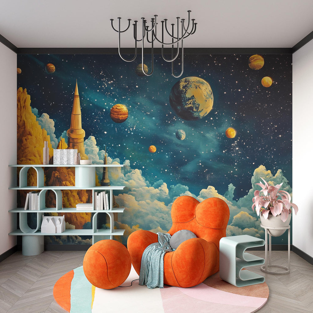 Futuristic Galaxy Castle Wall Mural – Boys Outer Space Room Wallpaper, Sci-Fi Planets Kids Wall Art, Removable Peel and Stick Mural