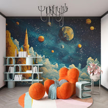 Load image into Gallery viewer, Futuristic Galaxy Castle Wall Mural – Boys Outer Space Room Wallpaper, Sci-Fi Planets Kids Wall Art, Removable Peel and Stick Mural