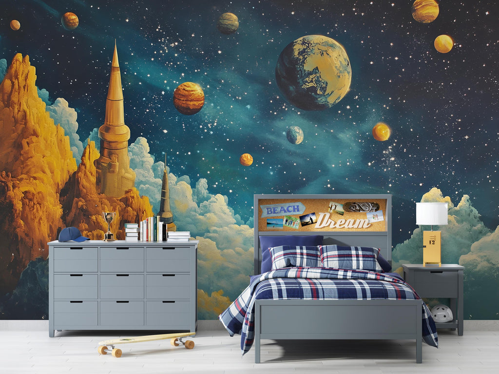 Futuristic Galaxy Castle Wall Mural – Boys Outer Space Room Wallpaper, Sci-Fi Planets Kids Wall Art, Removable Peel and Stick Mural
