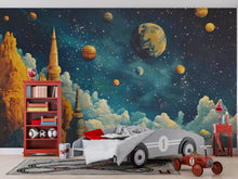 Load image into Gallery viewer, Futuristic Galaxy Castle Wall Mural – Boys Outer Space Room Wallpaper, Sci-Fi Planets Kids Wall Art, Removable Peel and Stick Mural