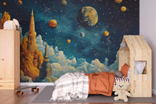 Load image into Gallery viewer, Futuristic Galaxy Castle Wall Mural – Boys Outer Space Room Wallpaper, Sci-Fi Planets Kids Wall Art, Removable Peel and Stick Mural