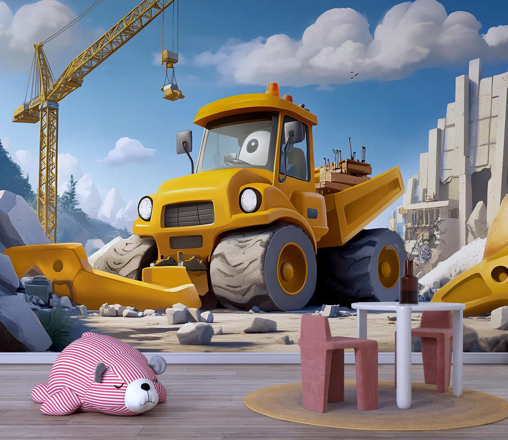 Construction Truck Wall Mural – Cartoon Digger Boys Room Wallpaper, Kids Construction Theme, Removable Peel and Stick Nursery Mural
