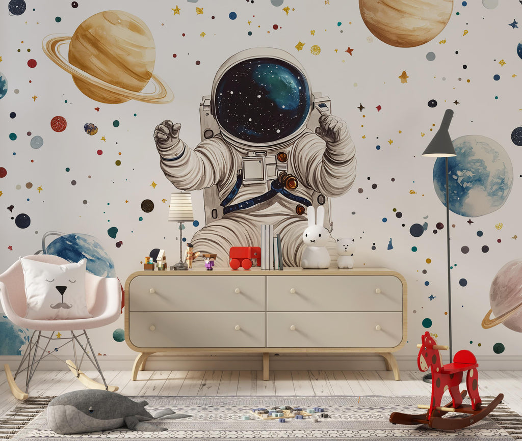 Astronaut Wall Mural – Outer Space Kids Wallpaper, Galaxy Planets Wall Art, Peel and Stick Space Mural for Boys Bedroom or Nursery
