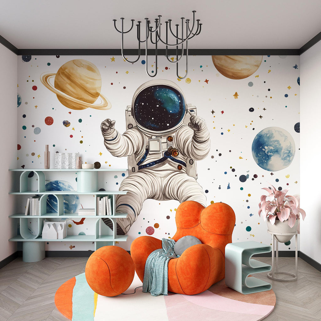 Astronaut Wall Mural – Outer Space Kids Wallpaper, Galaxy Planets Wall Art, Peel and Stick Space Mural for Boys Bedroom or Nursery