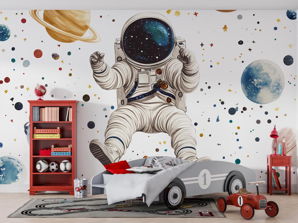 Astronaut Wall Mural – Outer Space Kids Wallpaper, Galaxy Planets Wall Art, Peel and Stick Space Mural for Boys Bedroom or Nursery