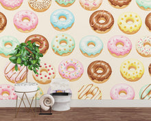 Load image into Gallery viewer, Whimsical Donut Watercolor Wallpaper Mural – Seamless Pastel Dessert Wall Art for Kitchen, Bakery, Dessert shop, wall Decor