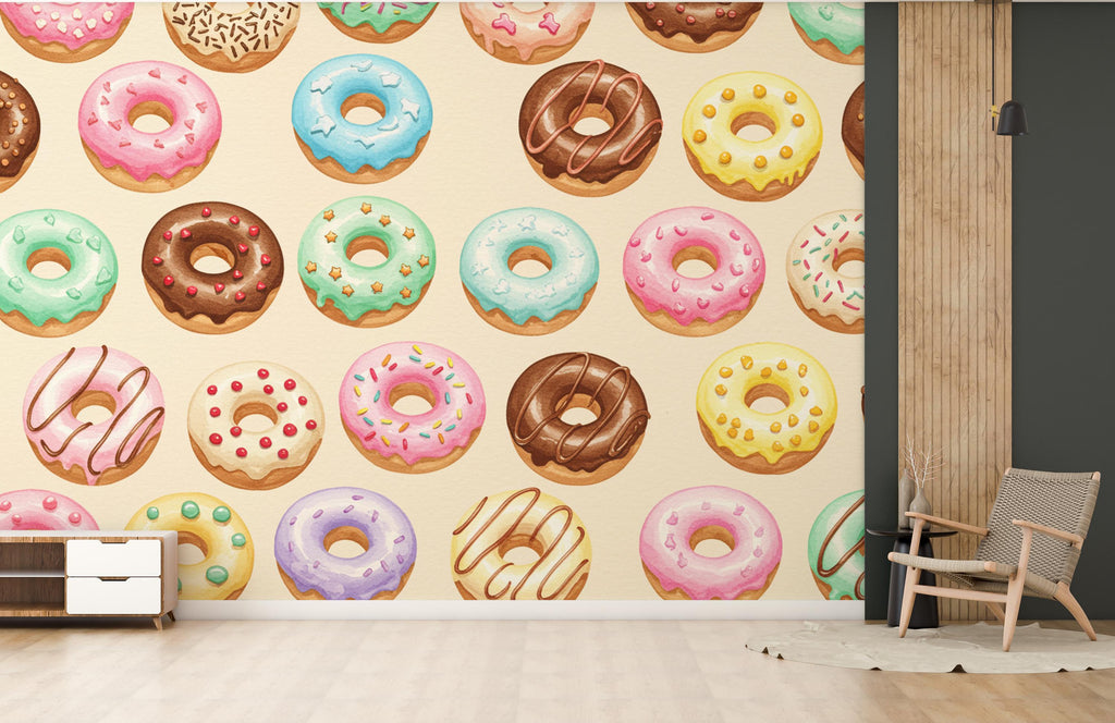 Whimsical Donut Watercolor Wallpaper Mural – Seamless Pastel Dessert Wall Art for Kitchen, Bakery, Dessert shop, wall Decor