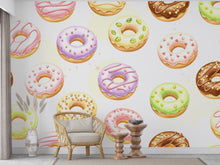 Load image into Gallery viewer, Whimsical Donut Watercolor Wallpaper Mural – Seamless Pastel Dessert Wall Art for Kitchen, Bakery, Dessert shop, wall Decor