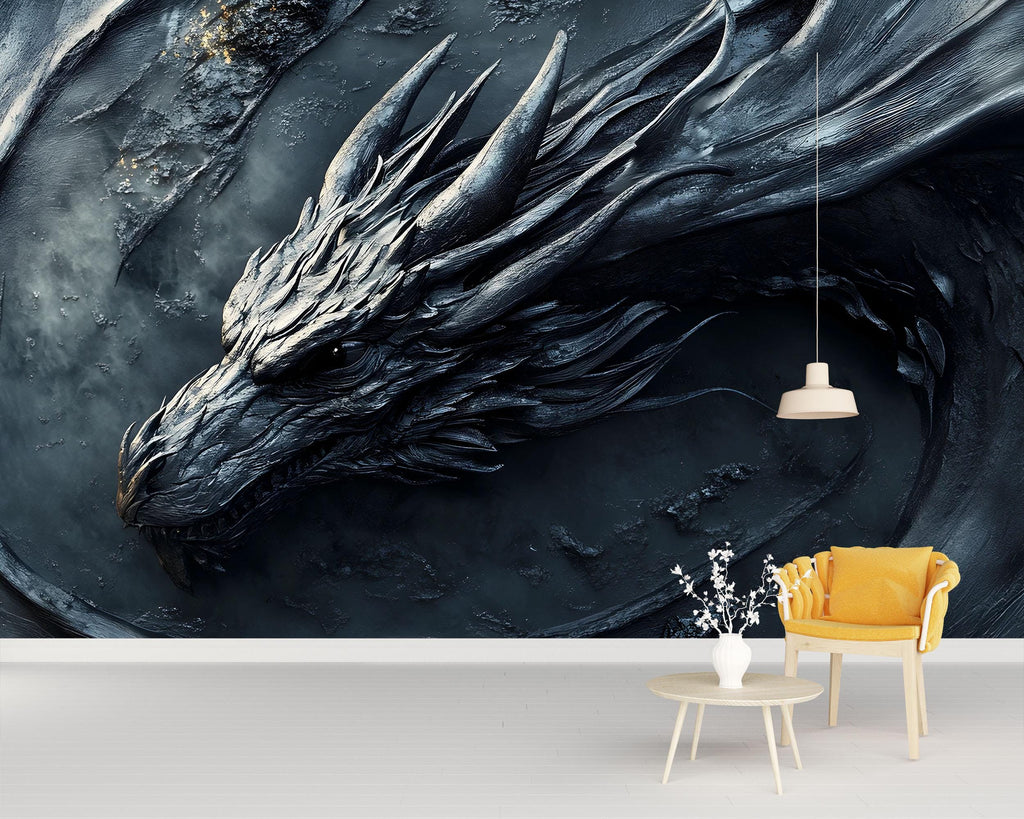 3D Black Dragon Wall Mural - Luxurious Mythical Wall Art - Bold Statement Gift for Birthdays, Holidays, or Modern Home Decor