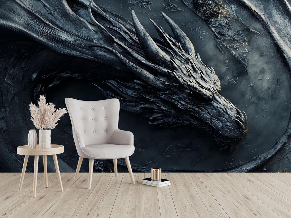3D Black Dragon Wall Mural - Luxurious Mythical Wall Art - Bold Statement Gift for Birthdays, Holidays, or Modern Home Decor