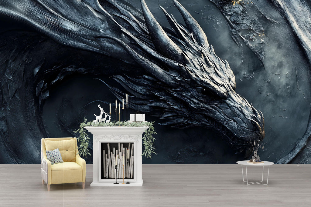 3D Black Dragon Wall Mural - Luxurious Mythical Wall Art - Bold Statement Gift for Birthdays, Holidays, or Modern Home Decor