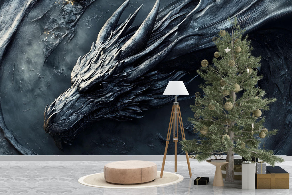 3D Black Dragon Wall Mural - Luxurious Mythical Wall Art - Bold Statement Gift for Birthdays, Holidays, or Modern Home Decor