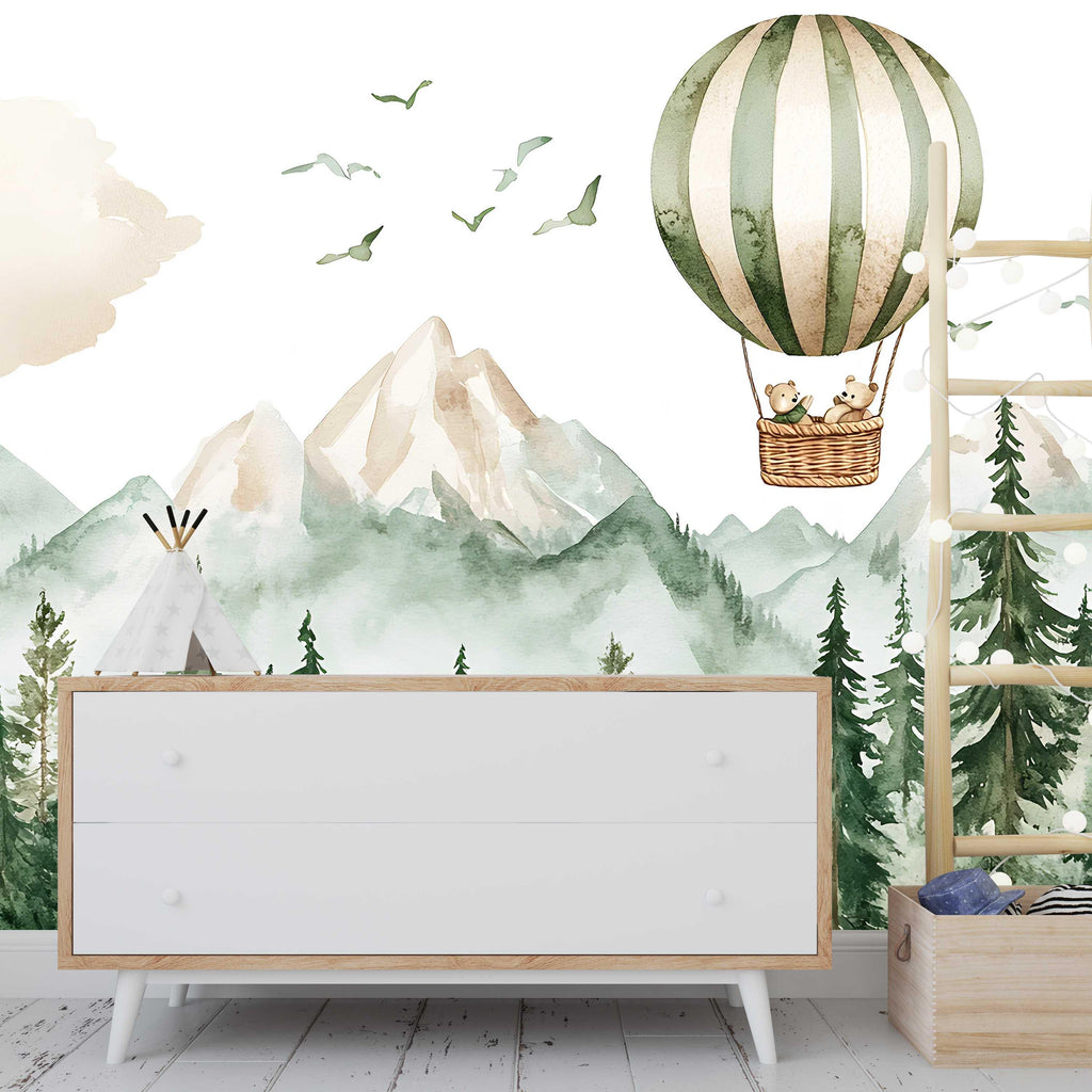 Hot Air Balloon Nursery Wall Mural – Forest Animals & Mountain Wallpaper – Gender Neutral Baby Room Decor – Peel and Stick or Non-Woven