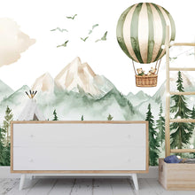 Load image into Gallery viewer, Hot Air Balloon Nursery Wall Mural – Forest Animals &amp; Mountain Wallpaper – Gender Neutral Baby Room Decor – Peel and Stick or Non-Woven