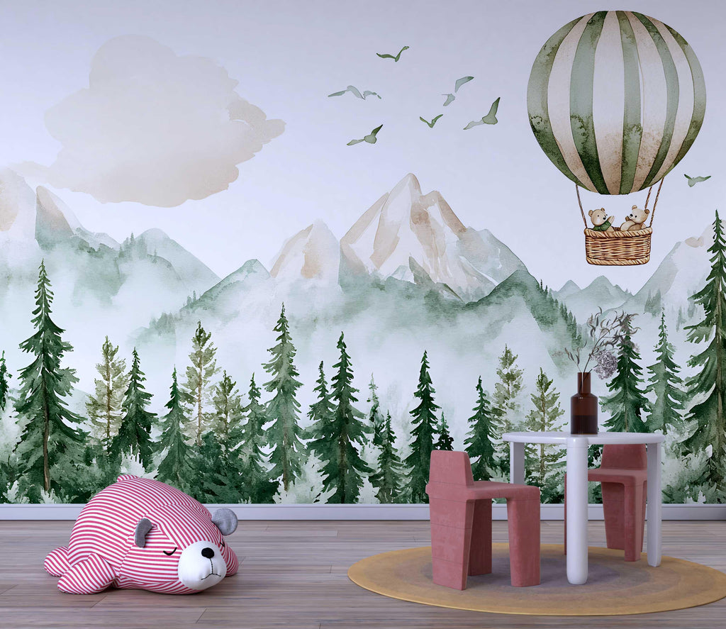 Hot Air Balloon Nursery Wall Mural – Forest Animals & Mountain Wallpaper – Gender Neutral Baby Room Decor – Peel and Stick or Non-Woven