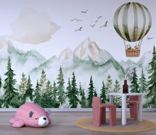 Load image into Gallery viewer, Hot Air Balloon Nursery Wall Mural – Forest Animals &amp; Mountain Wallpaper – Gender Neutral Baby Room Decor – Peel and Stick or Non-Woven